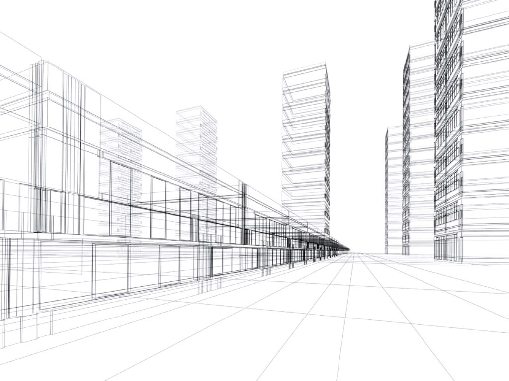 Monochrome wireframe of modern skyscrapers showcasing civil engineering and urban architecture Wallpaper