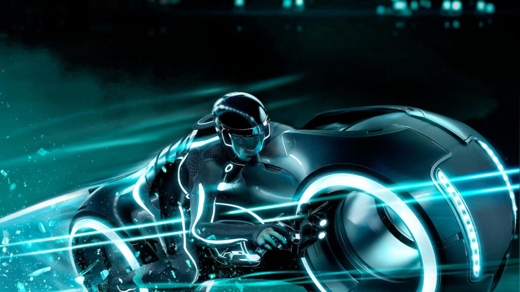 Futuristic Motorcycle Rider with Neon Blue Trails: Cyberpunk Wallpaper