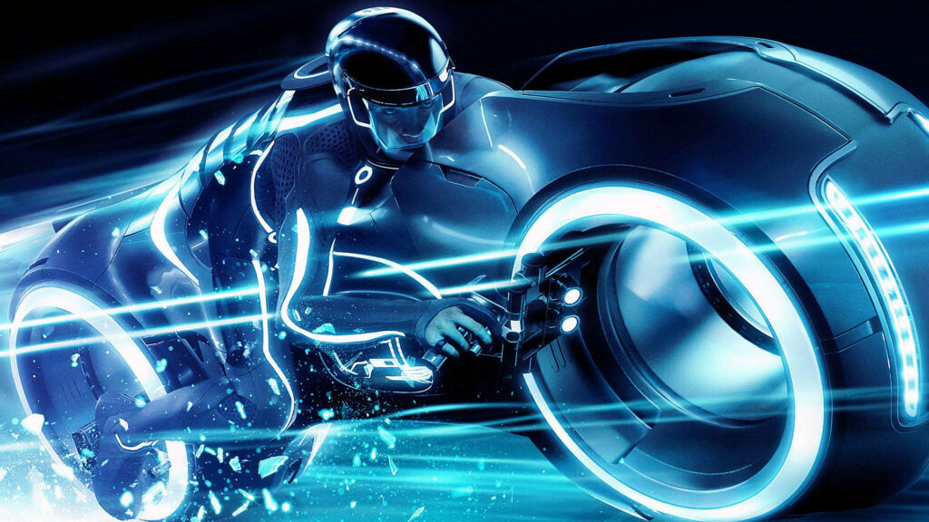 Futuristic Motorcycle Wallpaper: Dynamic Blue Light Trails Background