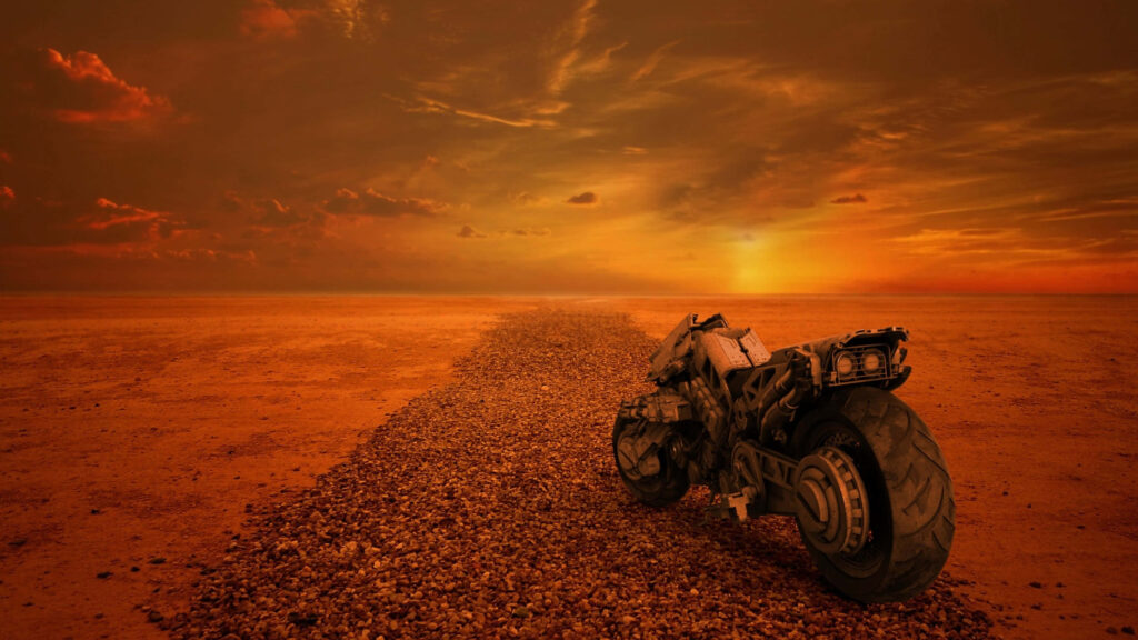 Futuristic Motorcycle Wallpaper: Desert Sunset Adventure Scene