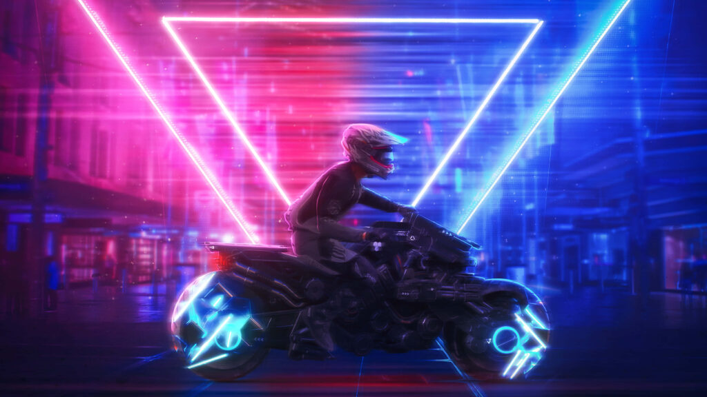 Futuristic Cyberpunk Wallpaper: Motorcyclist with Neon Red & Blue Lights