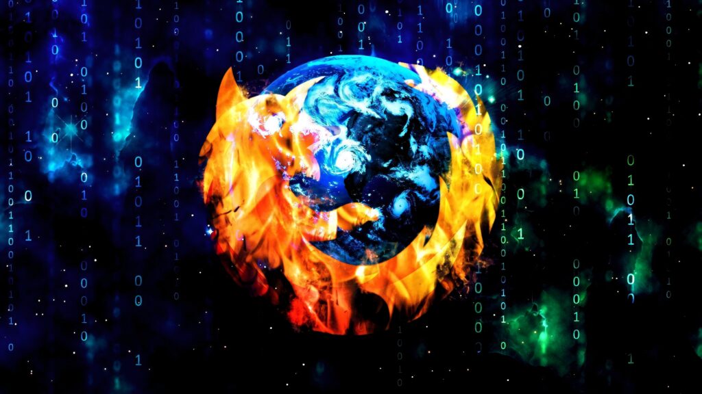 Futuristic Firefox logo fiery Earth matrix wallpaper with binary code digital cyber background