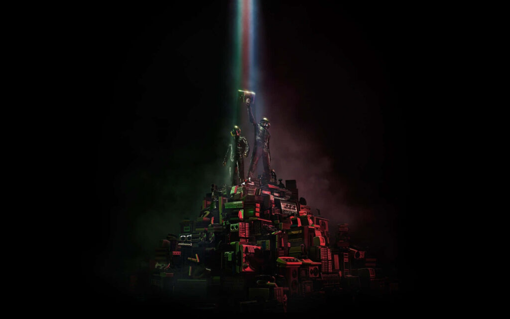 Futuristic Figures on Retro Music Pile - Vibrant Wallpaper Background