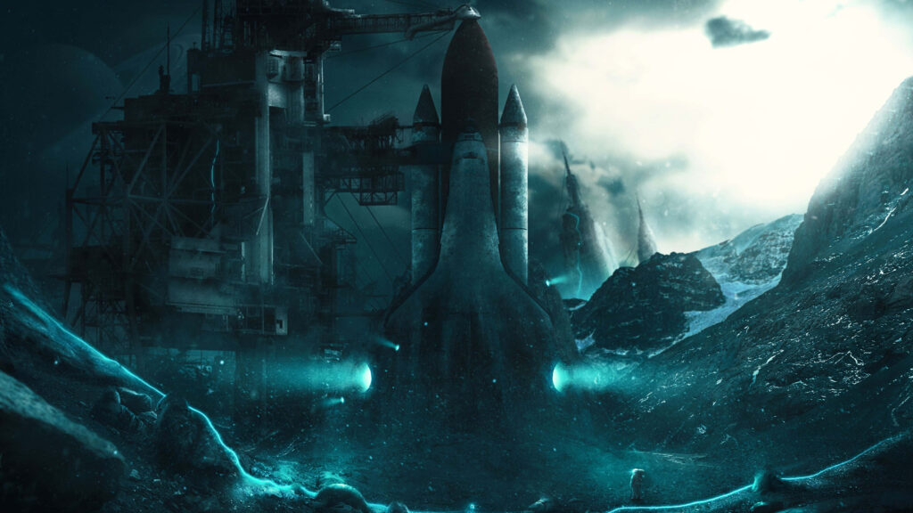 Futuristic NASA Shuttle Launch Wallpaper in Otherworldly Landscape