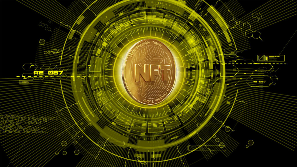 Glowing NFT coin on vibrant digital circuit board background radiating futuristic technology energy Wallpaper