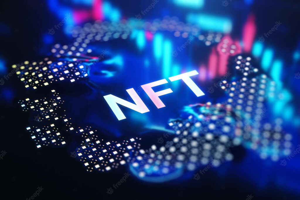 Vibrant NFT digital art with glowing pixels and futuristic data symbols representing digital assets Wallpaper