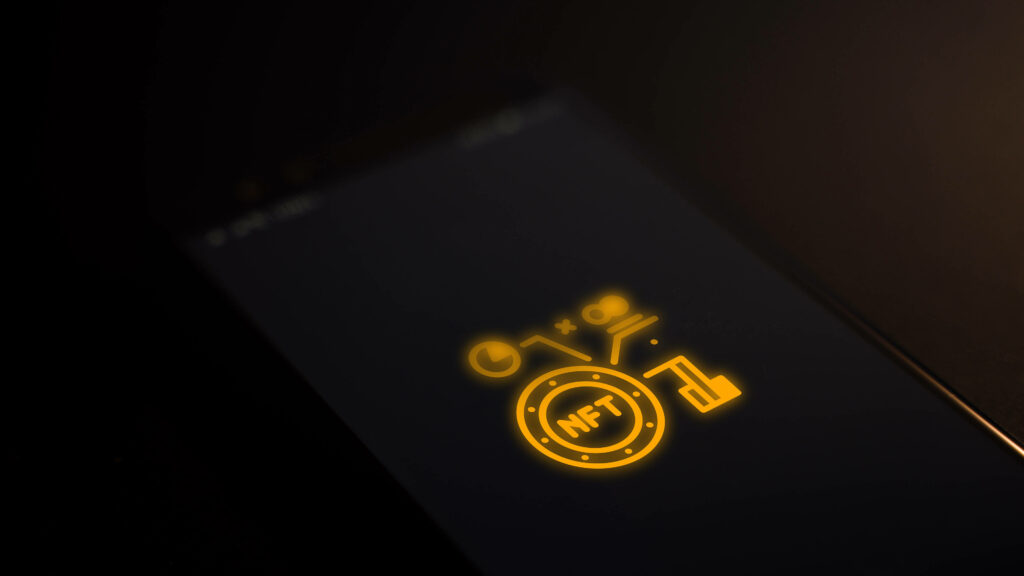 Futuristic phone wallpaper with glowing NFT icon and data analysis symbols in digital style