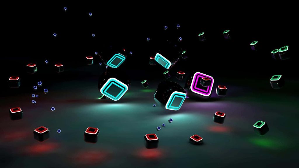 3D black cubes with glowing cyan magenta red neon edges floating over dark reflective floor wallpaper