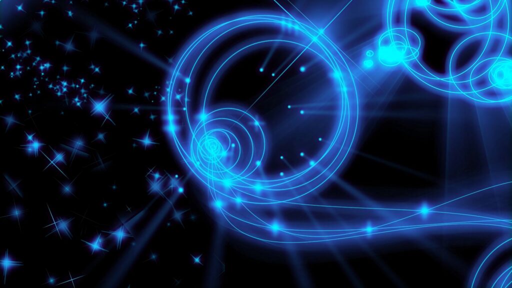Futuristic neon blue circular patterns with glowing lines and sparkling stars on black background Wallpaper