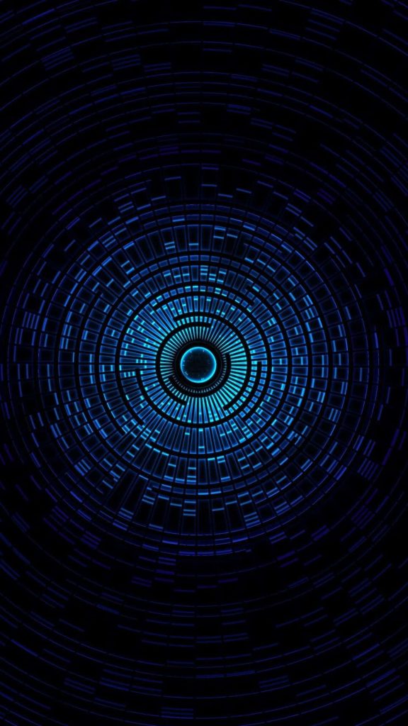 Futuristic neon blue concentric rings on black abstract geometric digital wallpaper background