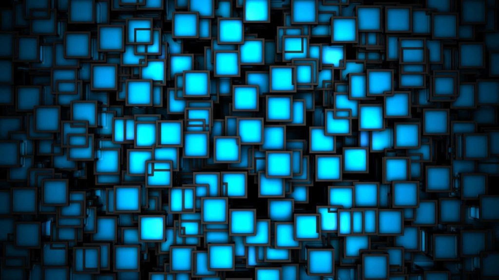 Glowing neon blue cubes cluster in 3D digital art on black background futuristic wallpaper design