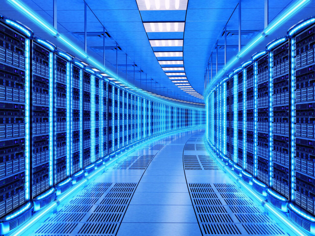 Futuristic data center hallway with neon blue lights sleek server racks and cyberpunk design Wallpaper