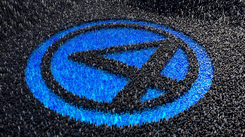 3D Fantastic Four logo with glowing blue pillars on dark geometric cybernetic background wallpaper