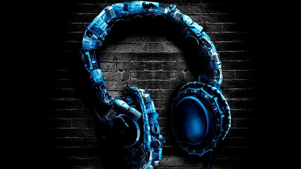 Futuristic headphones collage made from instruments glowing neon blue on dark brick wall background Wallpaper