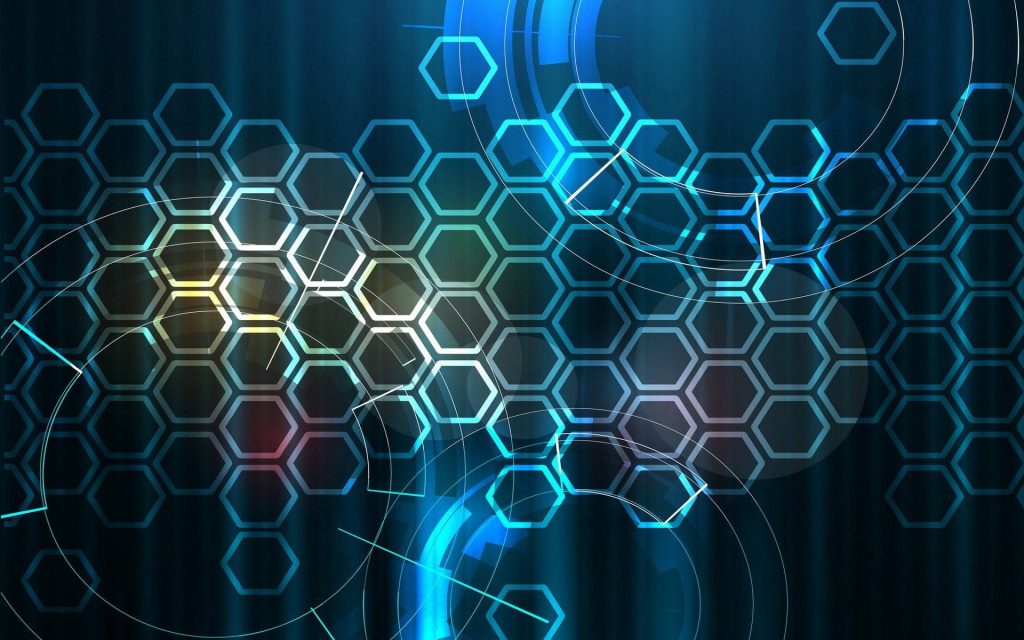 Futuristic neon blue hexagon grid digital wallpaper with glowing arcs and vibrant lighting effects