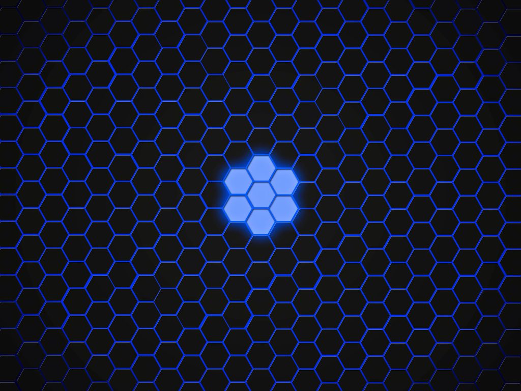 Futuristic dark hexagon wallpaper with neon blue glowing grid and vibrant digital art background
