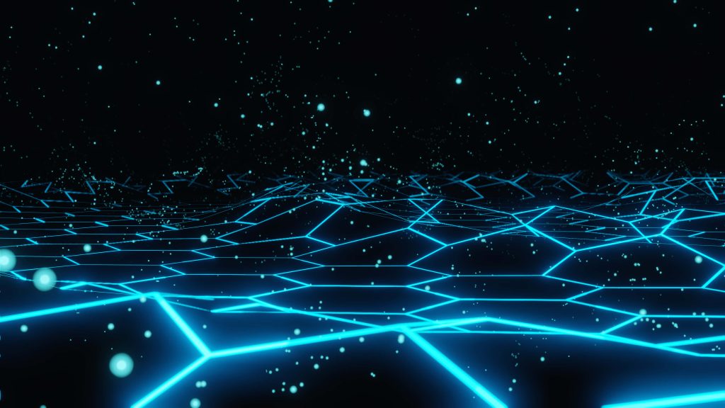 3D abstract digital art with glowing neon blue hexagonal grid and luminescent cyan particles Wallpaper