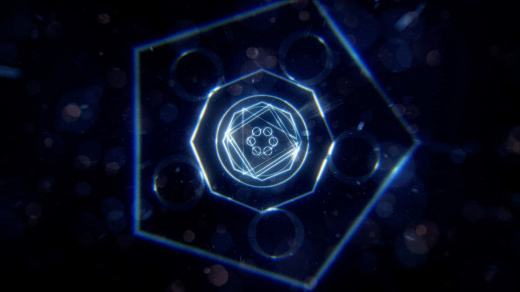Futuristic tunnel of glowing neon blue pentagons with bokeh on dark high-tech digital background Wallpaper