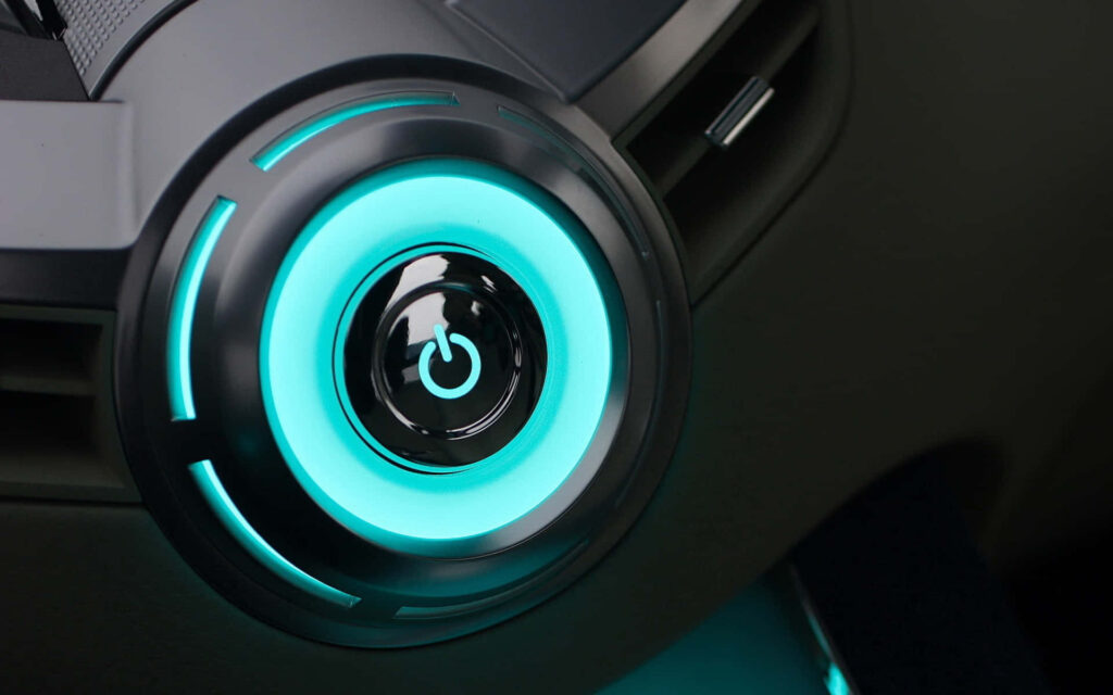 Futuristic Neon Blue Power Button Wallpaper: High-Tech Design