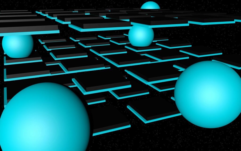 Futuristic Neon Blue Spheres & Black Platforms Space Wallpaper