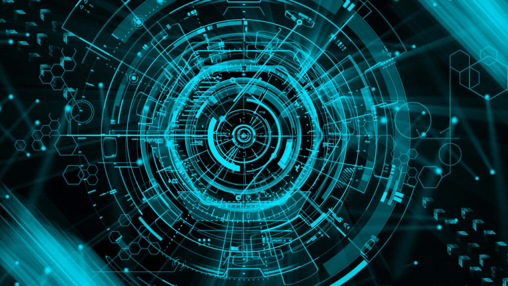 Futuristic Neon Blue Hexagonal Wallpaper with Glowing Circular Design