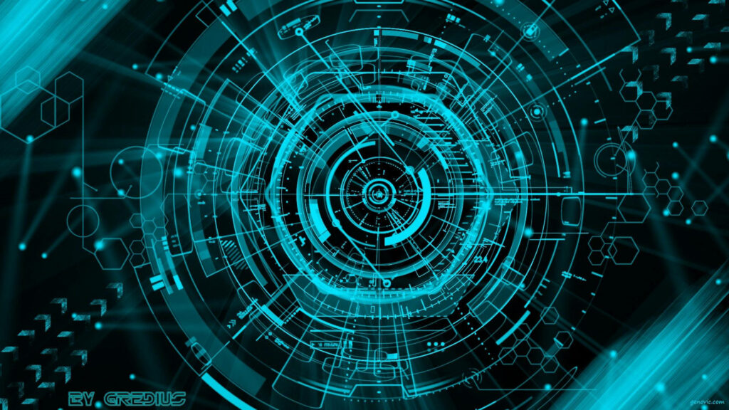 Futuristic Neon Blue Wallpaper: Circular Tech & Geometric Patterns