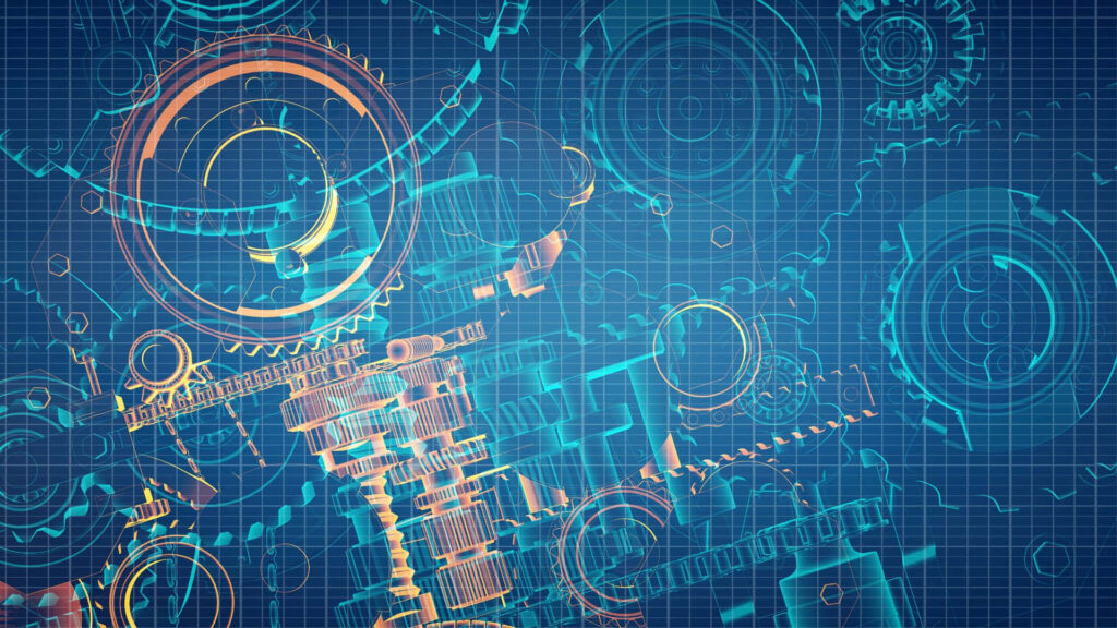 Futuristic blueprint wallpaper with neon mechanical gears and technical elements on grid background