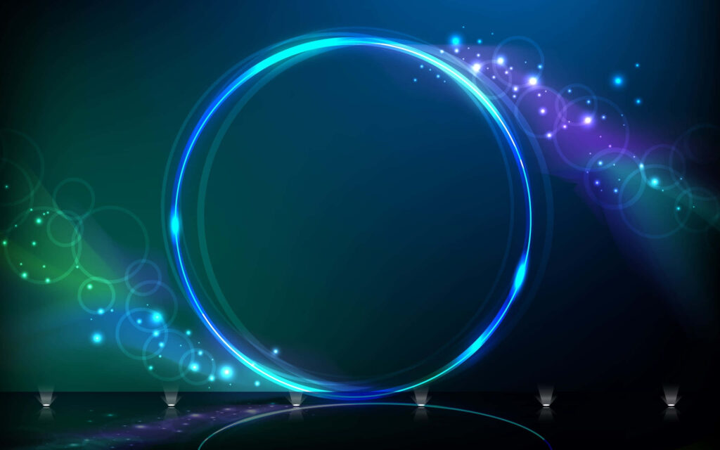 Vibrant Abstract Neon Circle Wallpaper with Light Trails & Orbs