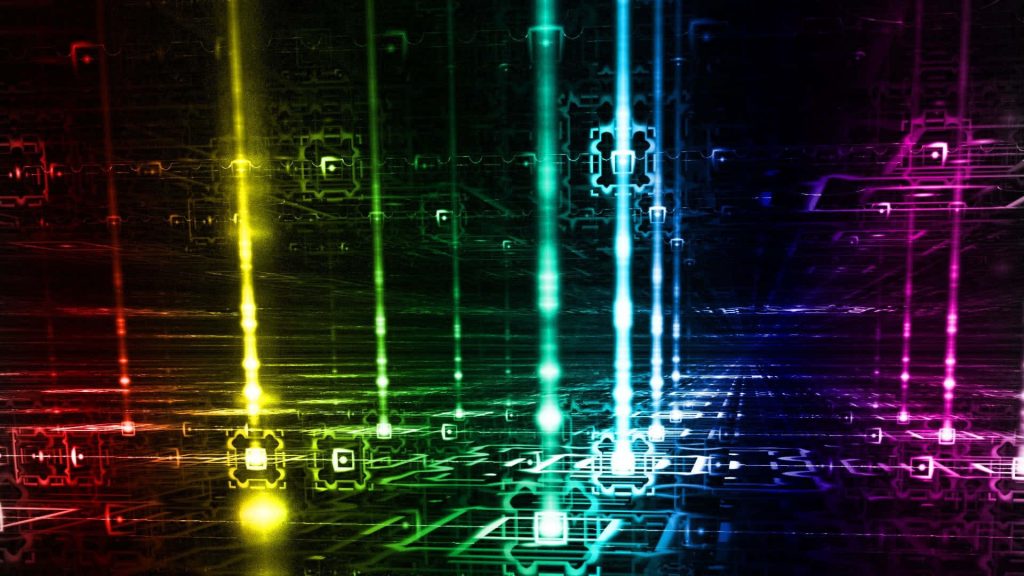 Futuristic neon rainbow beams on dark circuit grid digital art wallpaper background bright glow