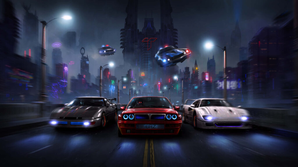 Three sleek racing cars speeding on neon city road at night with futuristic skyscrapers and flying police cars Wallpaper