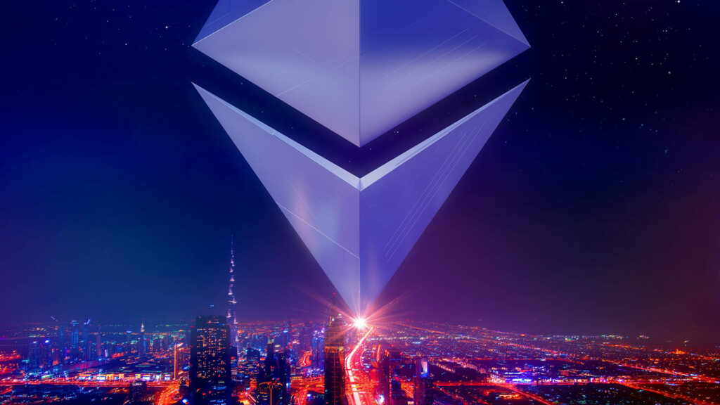 Futuristic cityscape with neon lights and giant Ethereum icon under starry night sky wallpaper