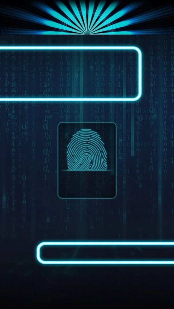Futuristic neon cyan fingerprint scanner with binary code background digital security wallpaper