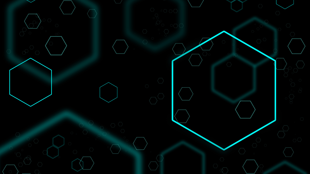 Abstract digital wallpaper with floating neon cyan hexagons on deep black tech-inspired background