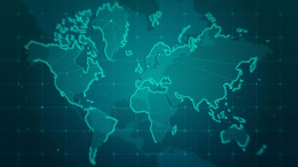 Futuristic digital world map wallpaper with glowing cyan neon outlines and subtle data grid pattern