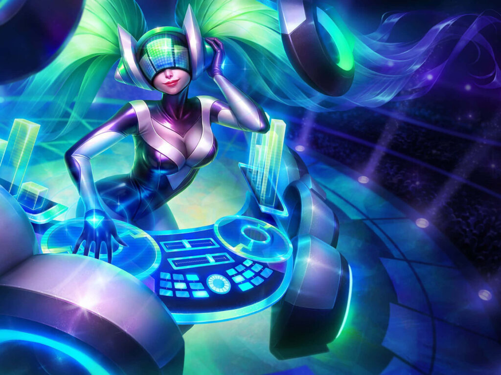 Futuristic Neon DJ in High-Tech Gaming Arena Wallpaper Background