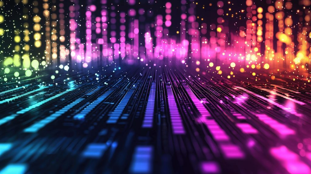 Futuristic neon blue magenta digital data stream with glowing blocks and bokeh lights wallpaper