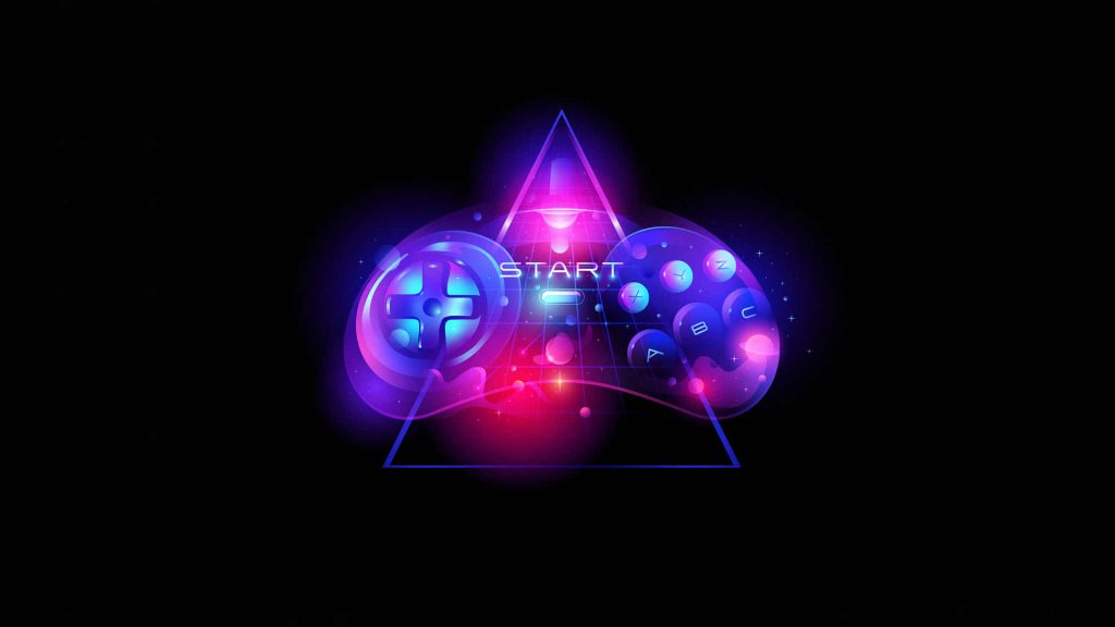 Futuristic neon pink and purple gamepad wallpaper with glowing START triangle and wireframe grid