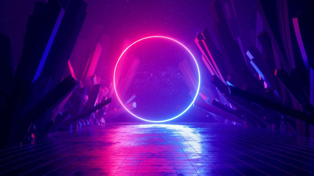 Futuristic neon glowing ring in dark crystalline 3D space with pink blue synthwave grid floor Wallpaper