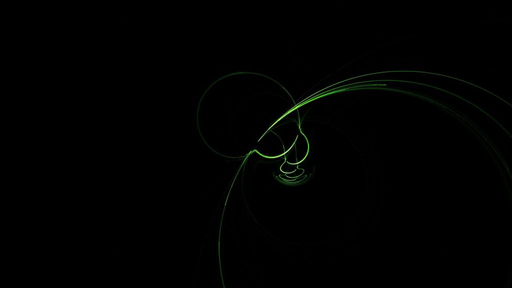 Minimalist neon wallpaper with glowing green curved lines on a deep black tech background