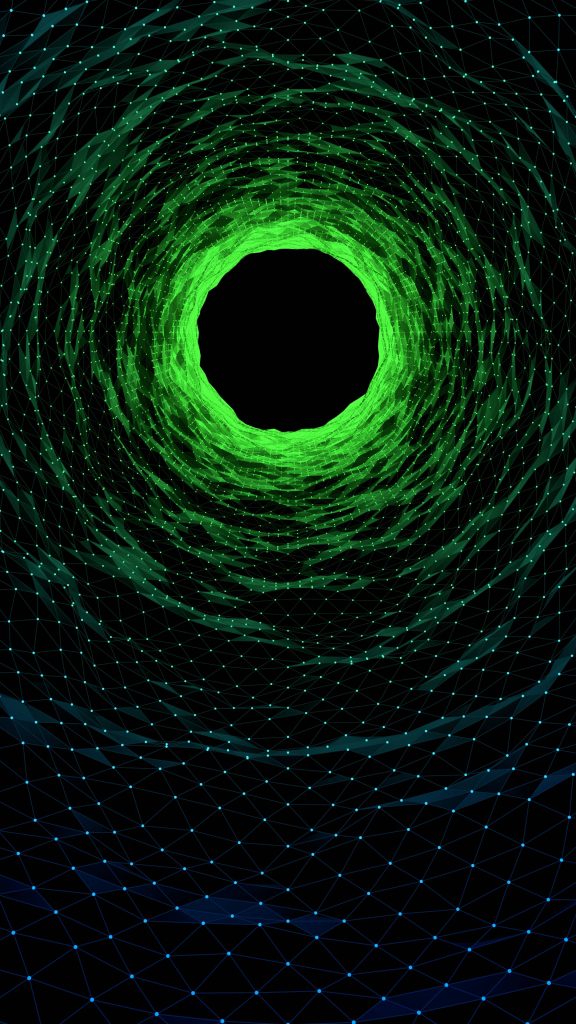 Futuristic green neon wormhole wireframe tunnel with blue accents on black background wallpaper