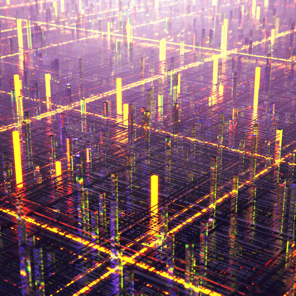 Futuristic Neon Grid Wallpaper | Vibrant Purple, Yellow & Orange Design