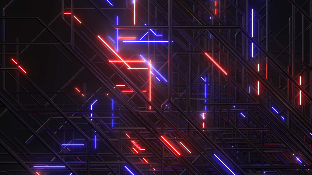 Futuristic Neon Line Wallpaper: Striking Red & Blue Circuit Design