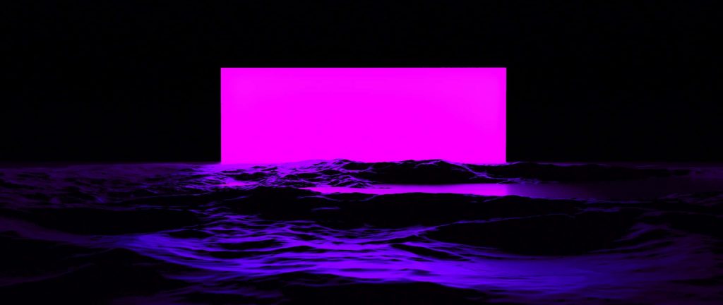 Glowing neon magenta rectangle over dark rippling purple landscape futuristic 3D wallpaper