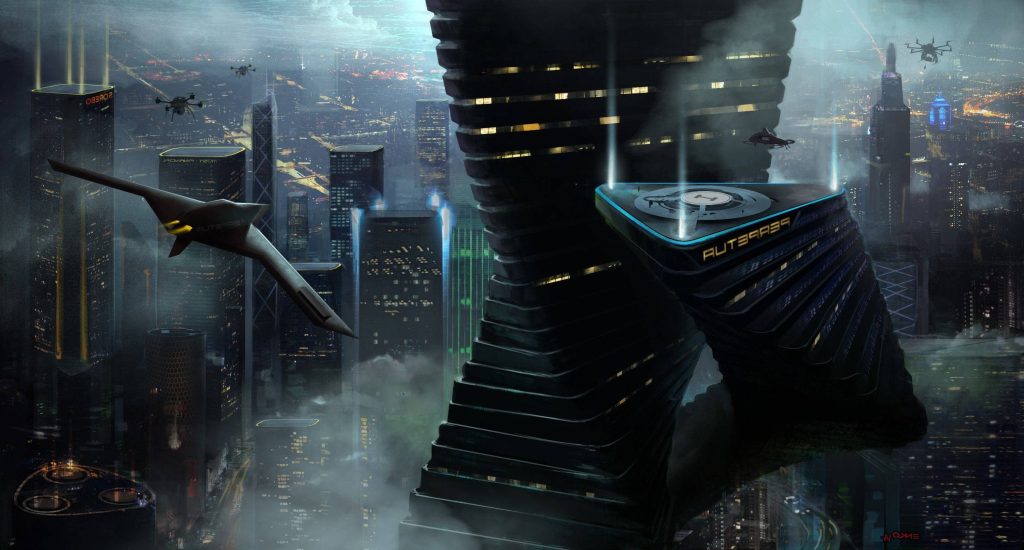Futuristic skyscraper and neon-lit megacity with landing platform sleek aircraft and flying drones Wallpaper