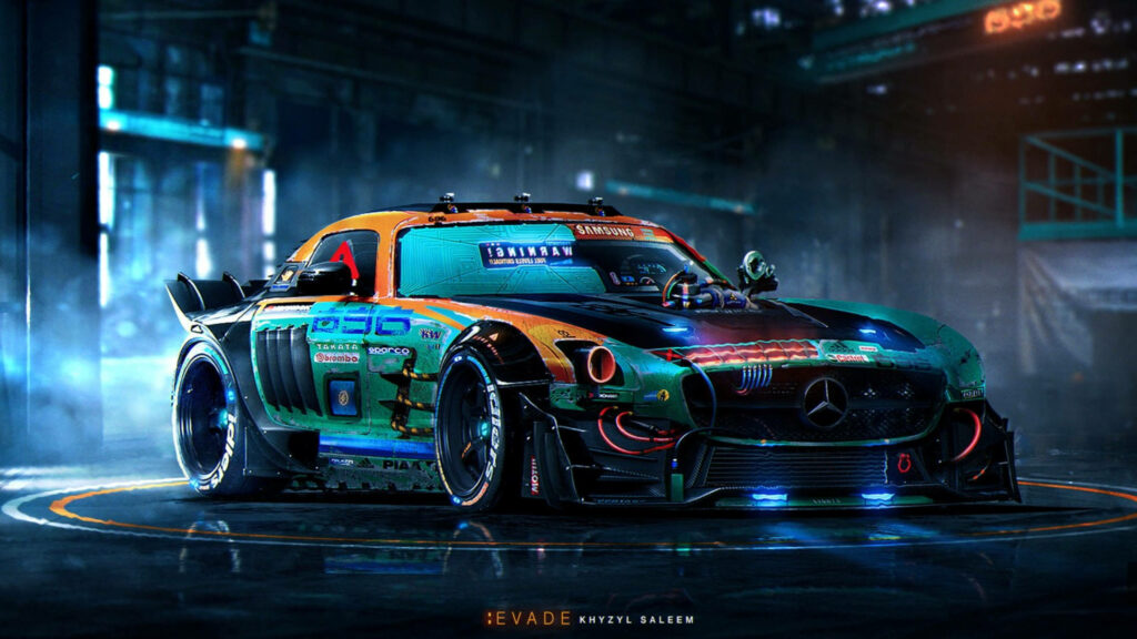 Mercedes Benz racing car with neon lights in futuristic garage high speed automotive innovation wallpaper