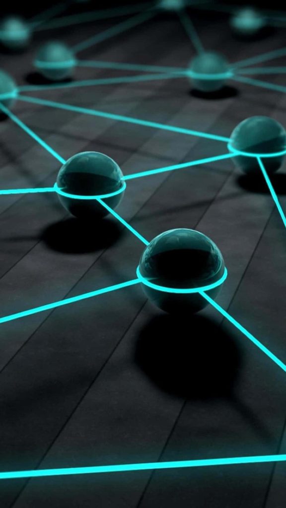 Glossy spheres linked by cyan neon lines create a futuristic network on a dark wallpaper background