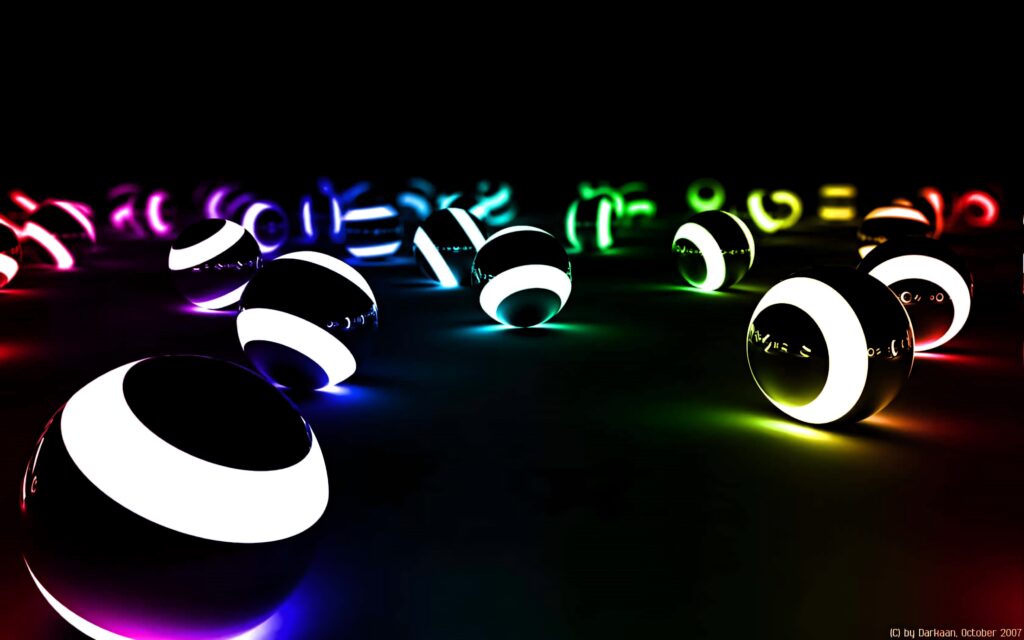 Glowing neon orbs in blue red green yellow and purple form a geometric pattern on dark background Wallpaper