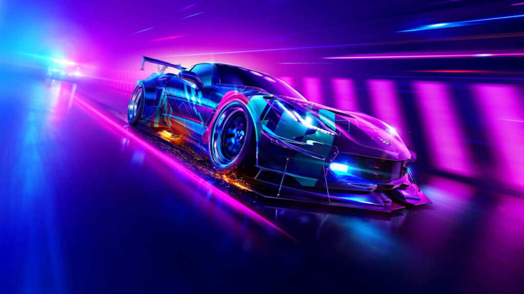 Sleek racing car speeding through neon-lit city with vibrant pink blue purple light trails wallpaper