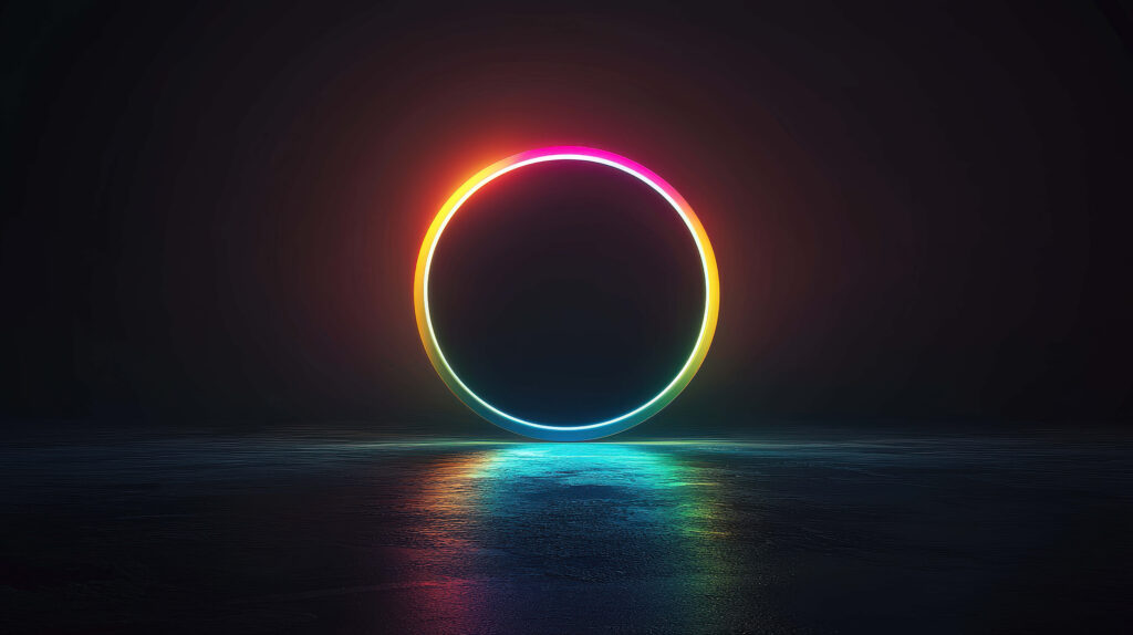 Futuristic neon glowing ring with vibrant gradient colors on black glossy surface background Wallpaper