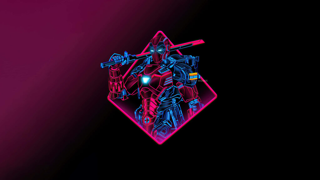 Futuristic Neon Robot Warrior Wallpaper: Red, Blue & Pink Design